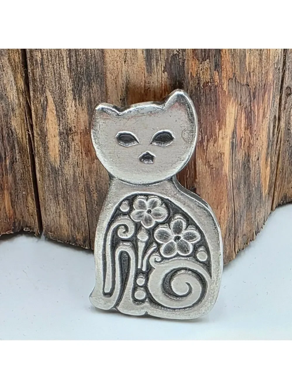 ​VTG Rune Tennesmed Sweden Pewter Cat Brooch Modernist Floral MCM Kitty Pin